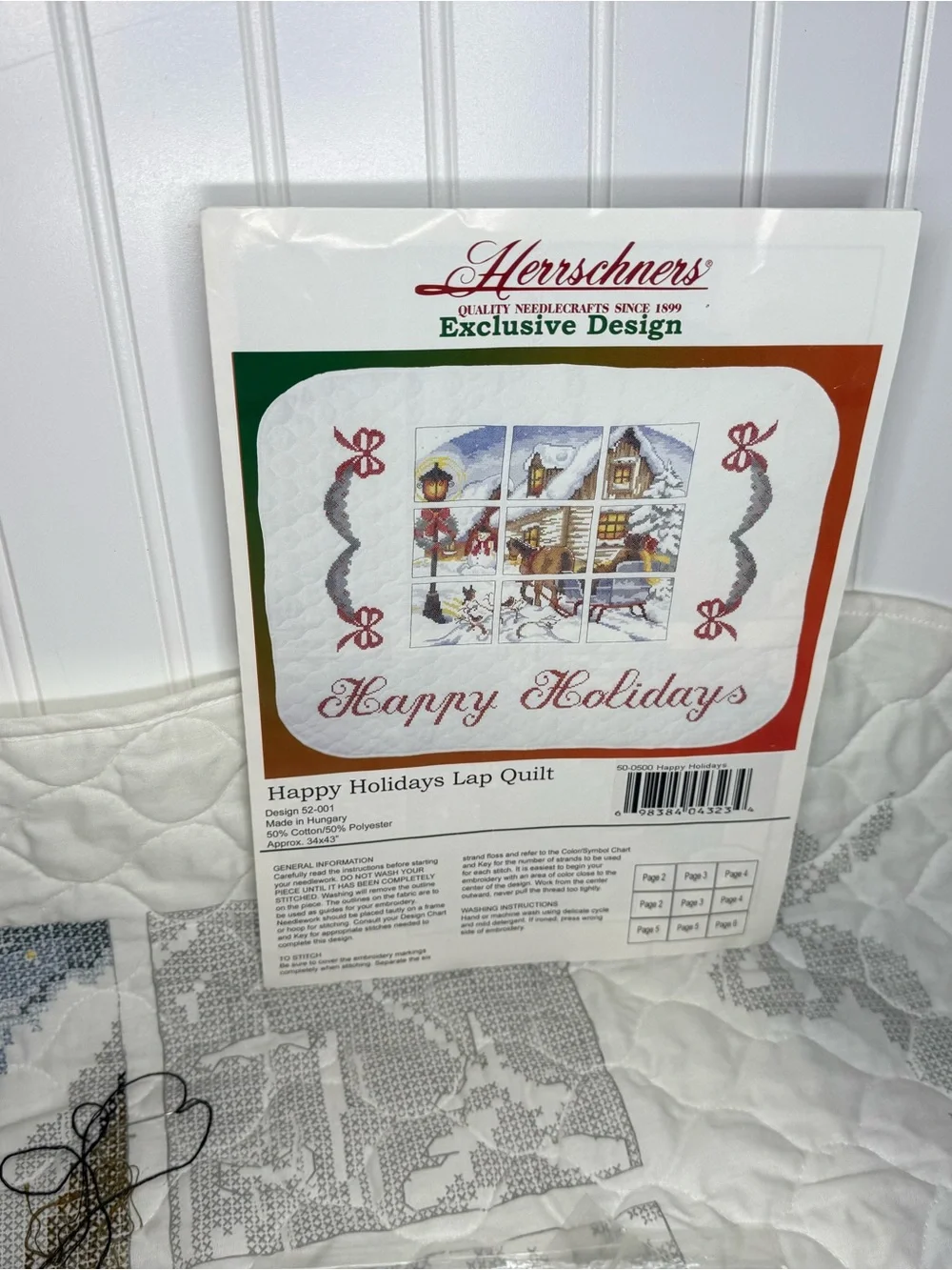 Vintage Herrschners Happy Holidays Lap Quilt Cross Stitch Kit Christmas #52-001